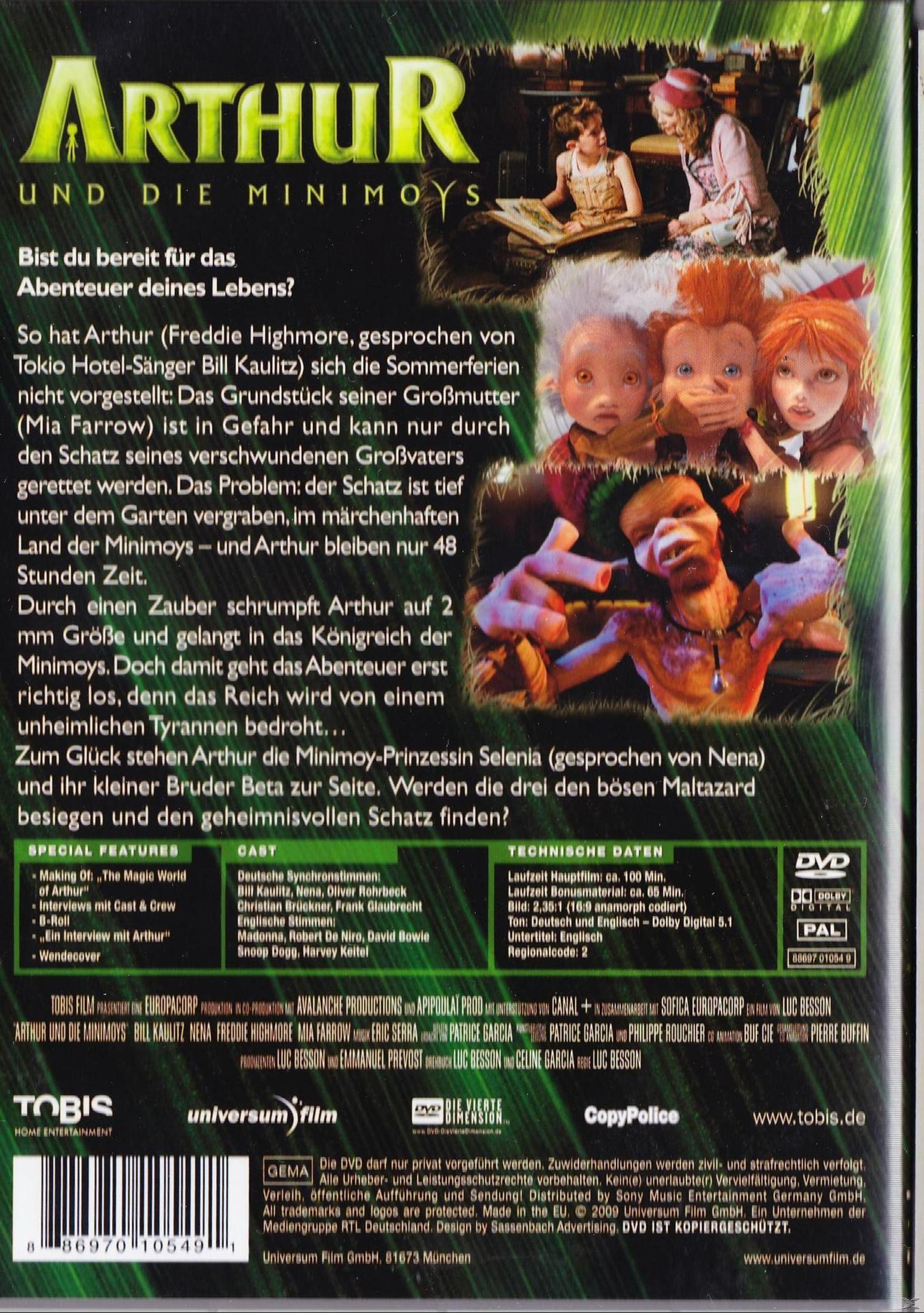 Rückseite der DVD Arthur und die Minimoys mit Text, Bildern der Charaktere und Filminfos.