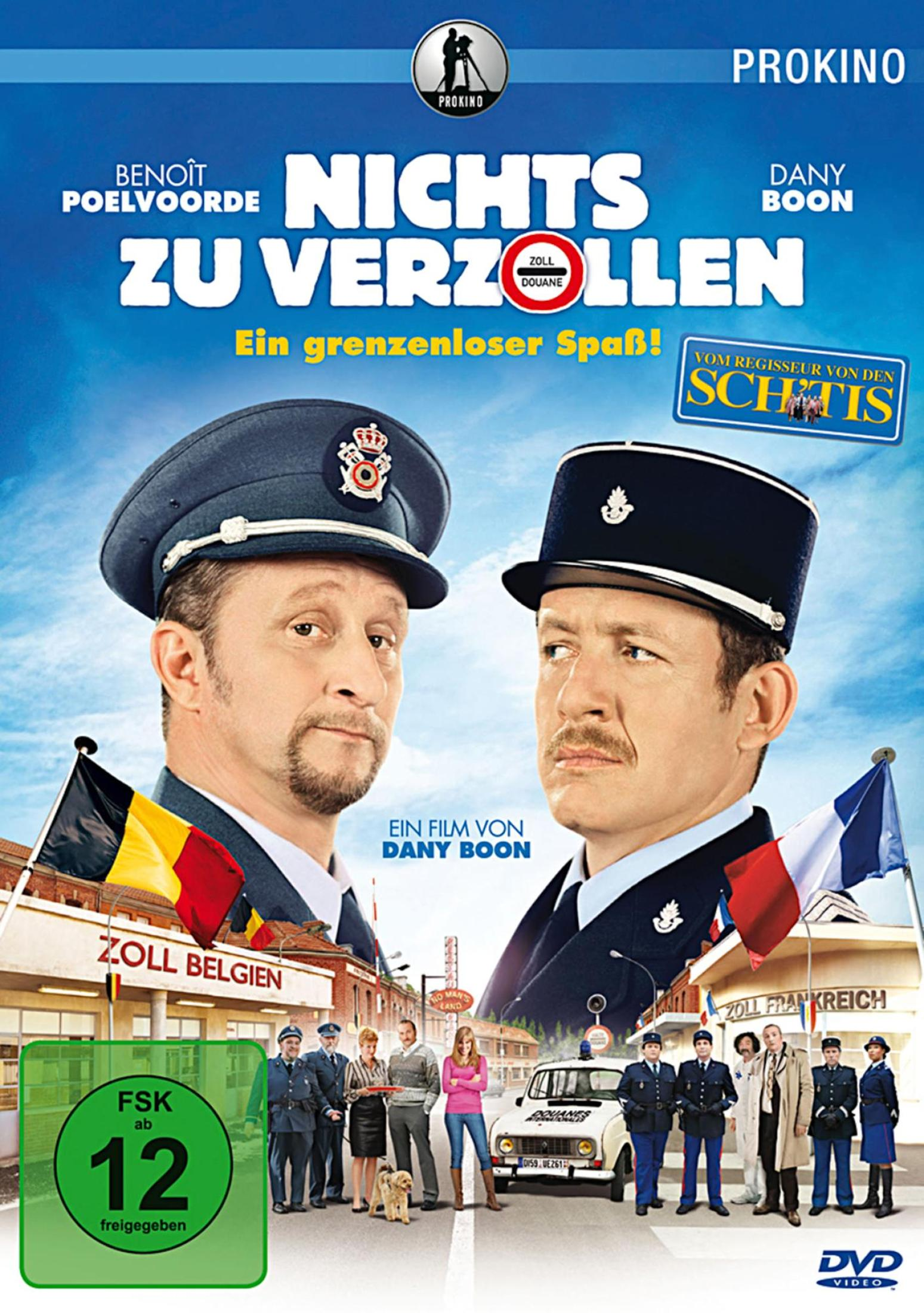 DVD-Cover der Komödie Nichts zu verzollen mit zwei Grenzbeamten vor belgischen und französischen Flaggen.
