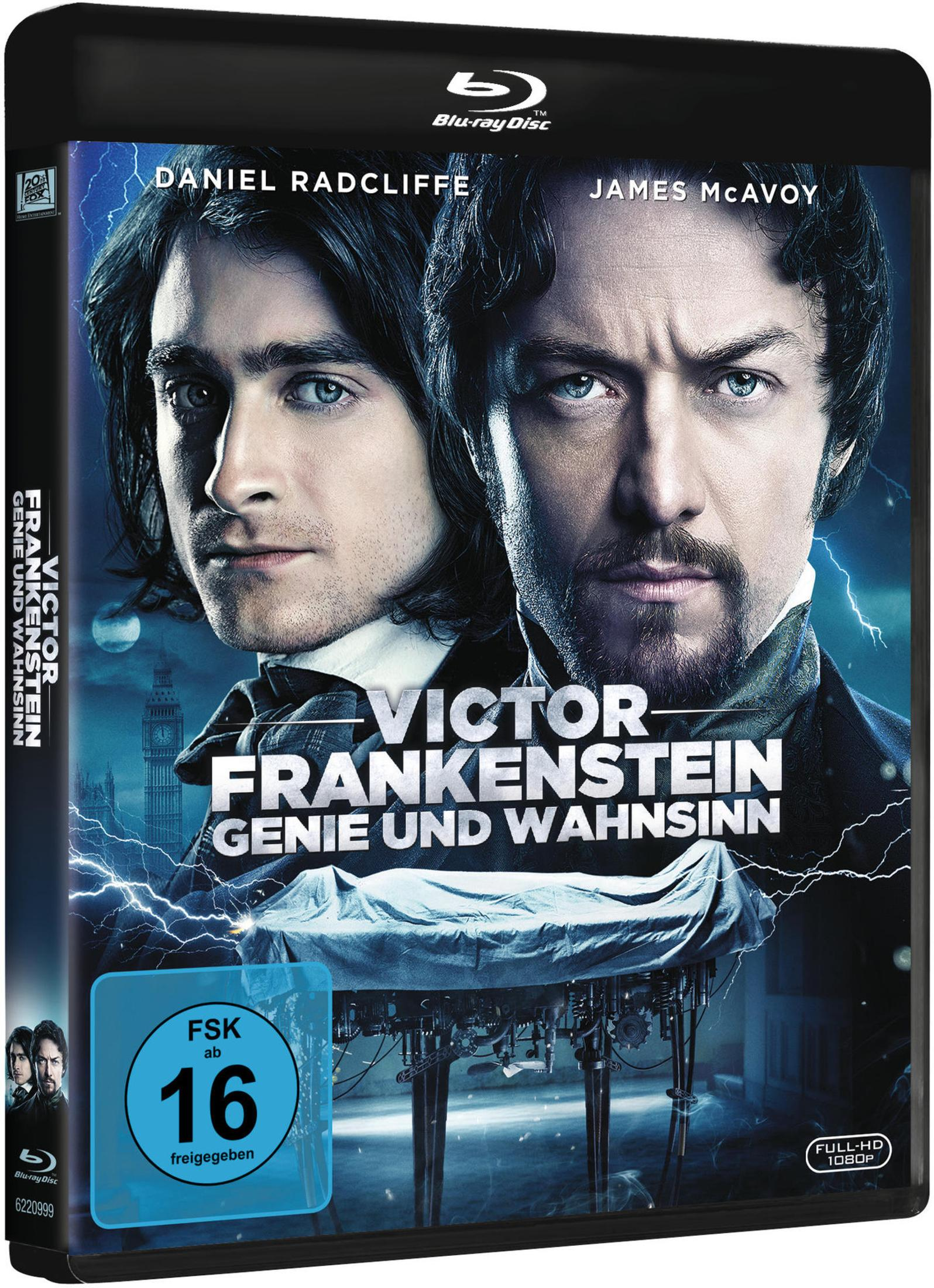 Blu-ray-Hülle für Victor Frankenstein mit Daniel Radcliffe und James McAvoy vor stürmischem blauem Hintergrund.