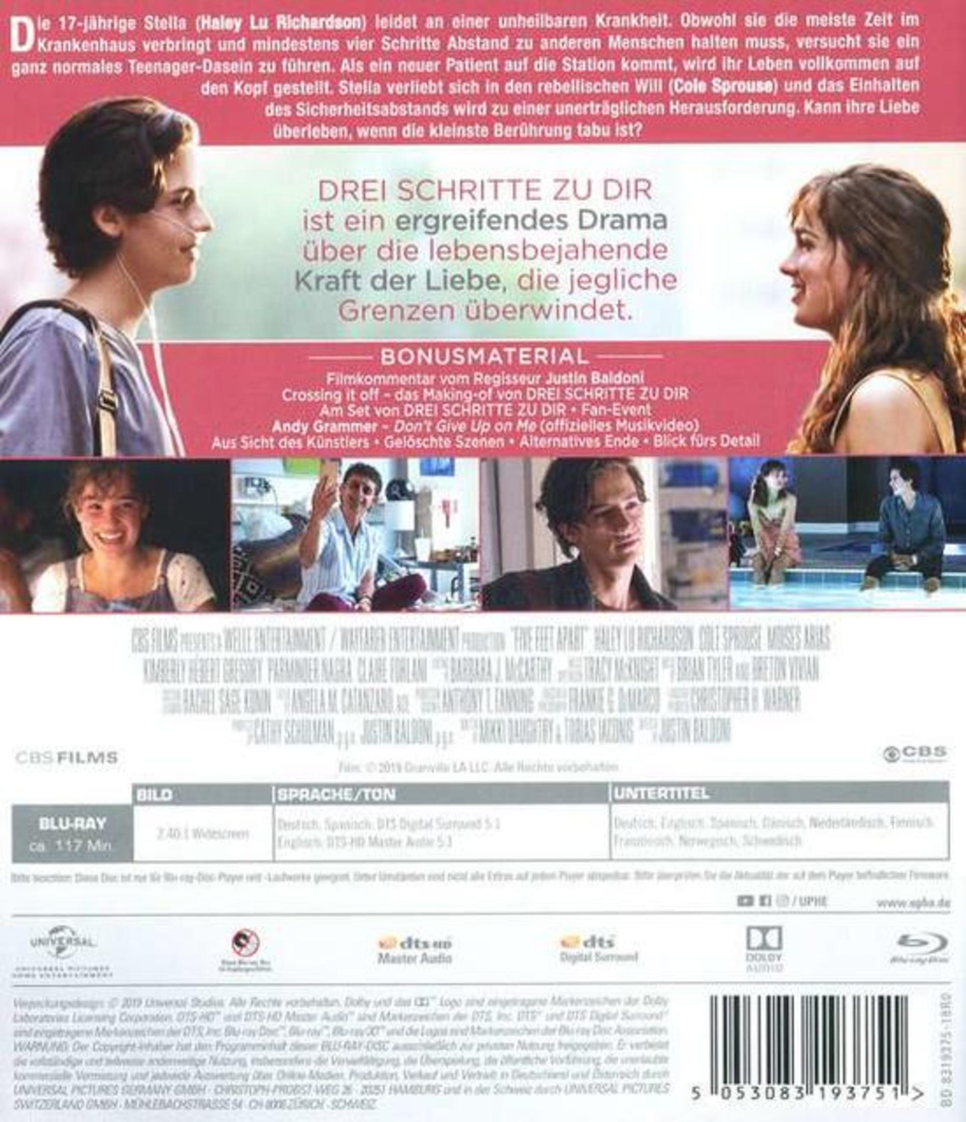 DVD-Rückseite des Films Drei Schritte zu Dir mit Bildern der Schauspieler und deutscher Filmbeschreibung.
