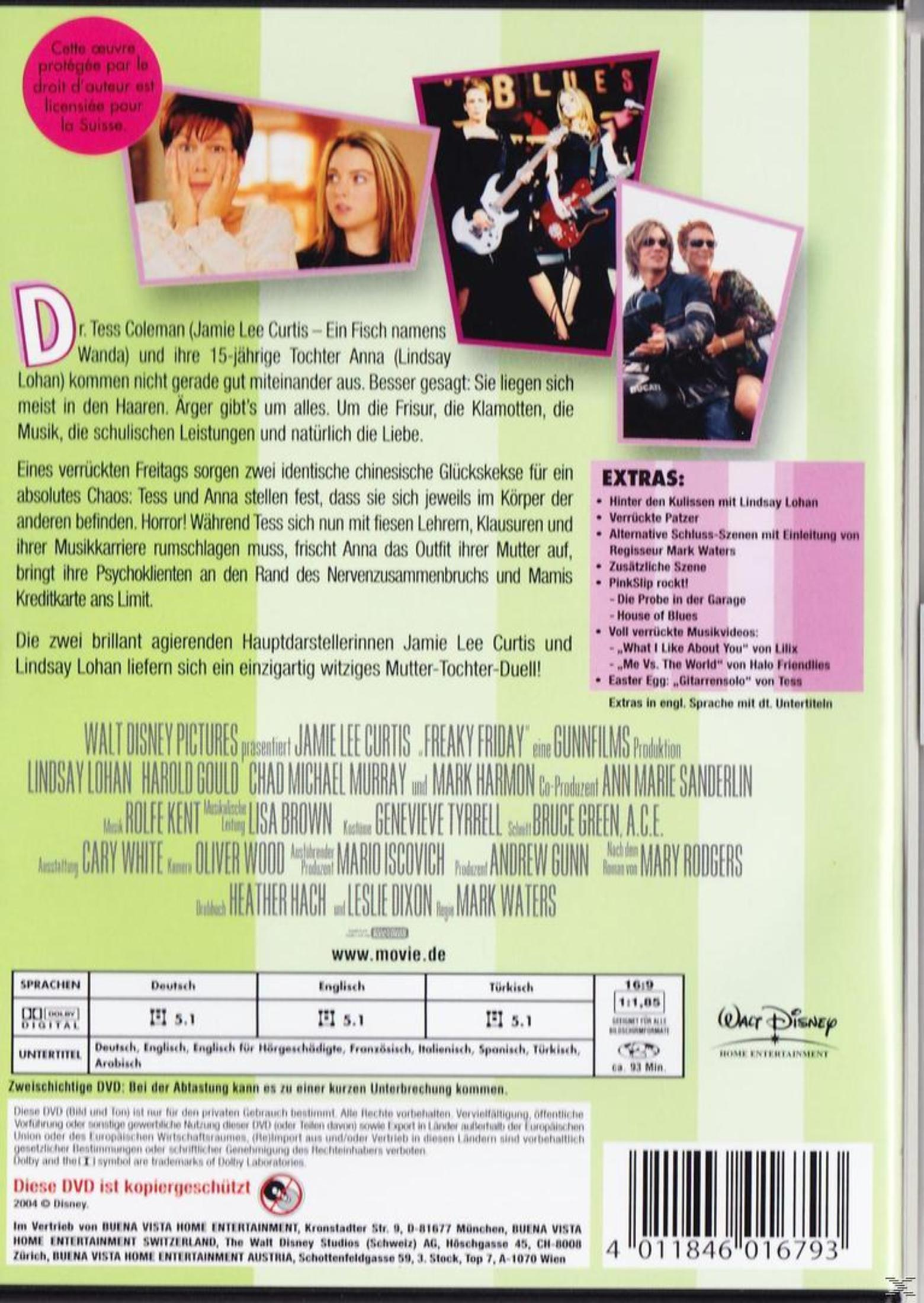 Rückseite der DVD-Hülle des Films Freaky Friday mit Bildern, Beschreibung, Extras und Credits auf Deutsch.