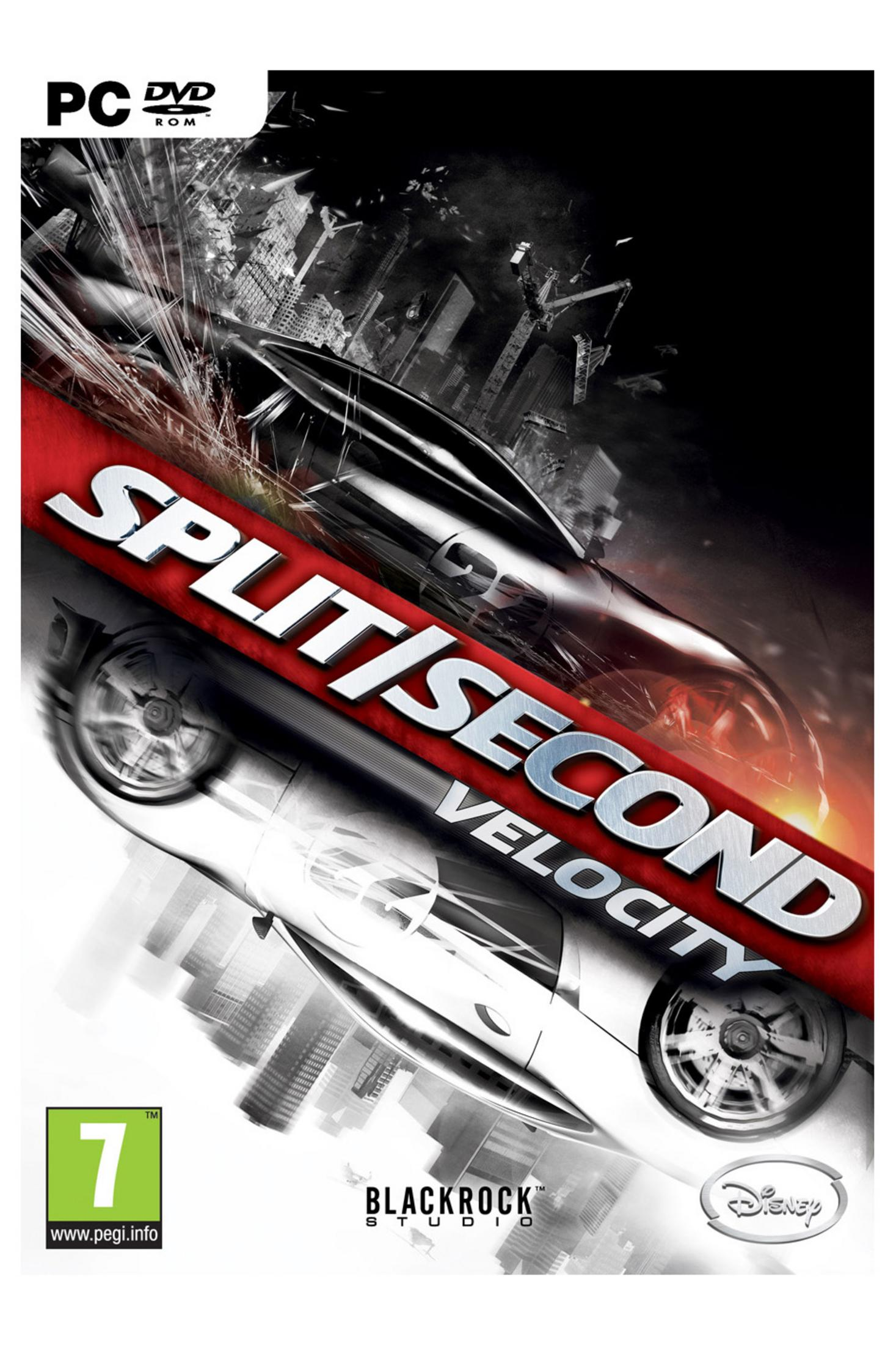 PC-Spiel-Cover für Split/Second Velocity mit Rennautos in einer zerstörten Stadt.