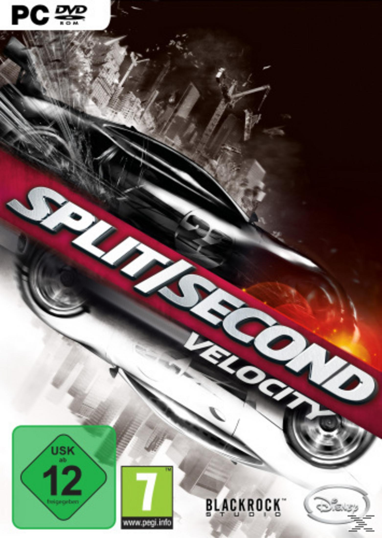 PC-Spielcover von Split/Second Velocity zeigt ein Rennauto vor einer zerstörten Stadtkulisse.