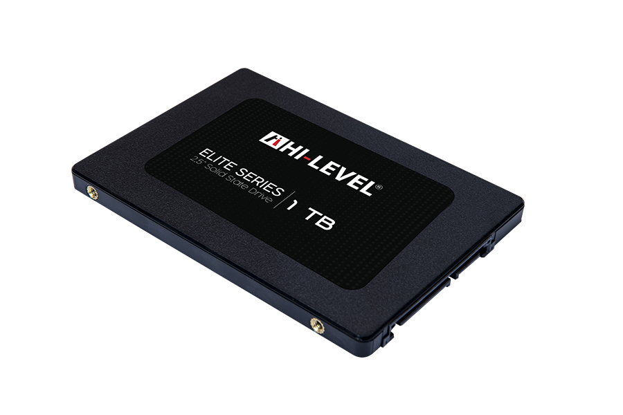 Siyah arka planda siyah Hi-Level 1 TB Elite Series 2.5 inç katı hal sürücüsü.