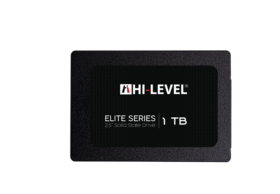 Siyah arka planda siyah Hi-Level Elite Series 1 TB 2.5 inç Katı Hal Sürücüsü.