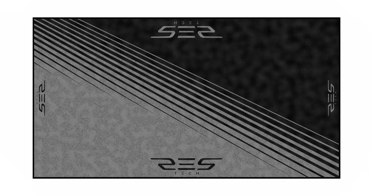 Un design minimalista grigio scuro con linee diagonali, una superficie strutturata e il logo RES TECH.