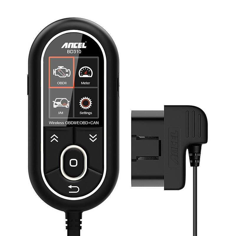 Scanner diagnostico OBD2 Ancel BD310 nero con schermo e connettore OBD collegato su sfondo bianco.