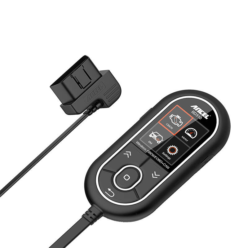 Scanner diagnostico OBD2 Ancel BD310 nero con schermo e cavo su sfondo bianco.