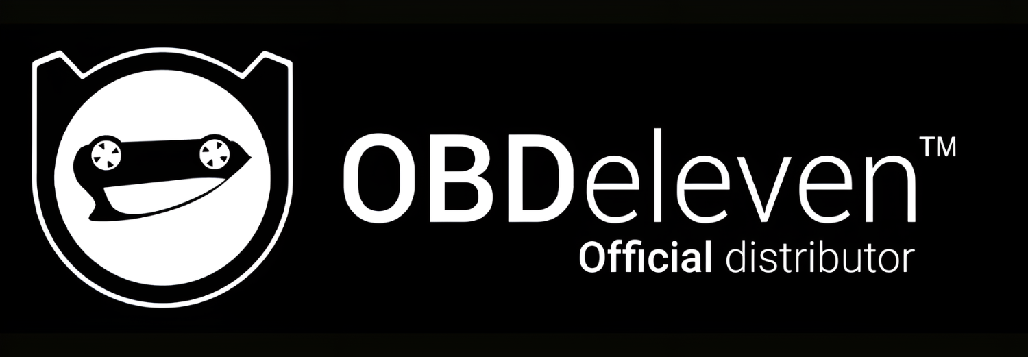 Il logo del distributore ufficiale OBDeleven in bianco su sfondo nero, con un'icona di auto.