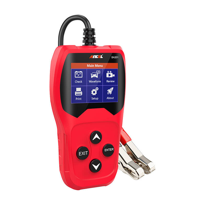 Un tester per batterie auto rosso con schermo nero, quattro tasti e pinze.