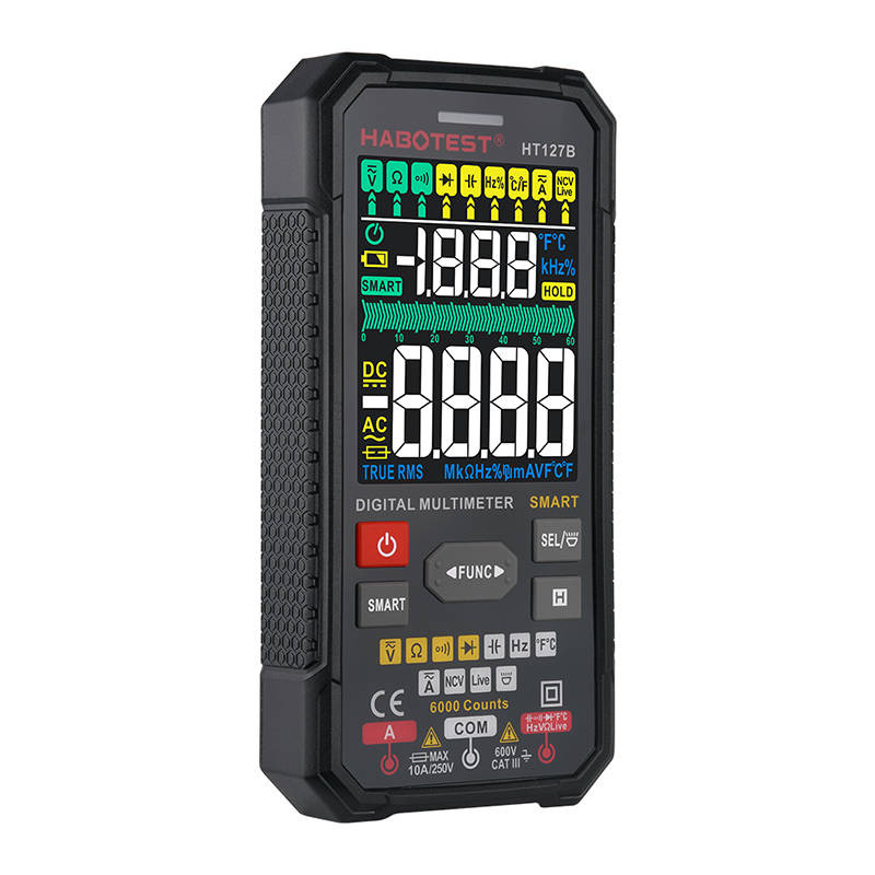 Un multimetro digitale Habotest con un ampio display LCD e pulsanti su un involucro nero.