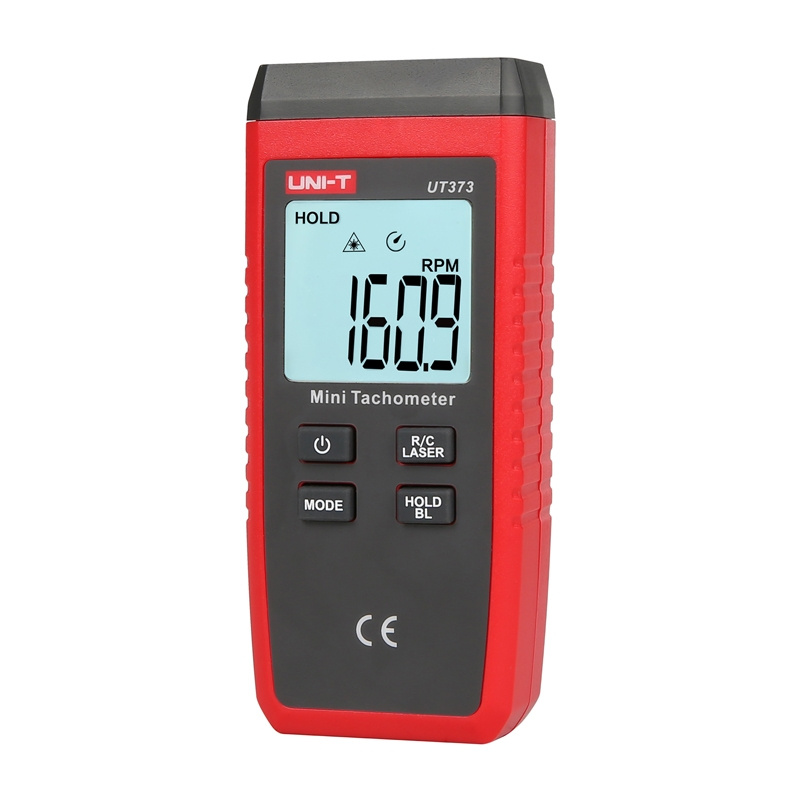Un mini tachimetro rosso con display digitale mostra 160.9 RPM, dotato di quattro pulsanti grigi sul pannello.