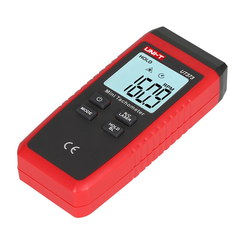 Un mini tachimetro rosso con display digitale e quattro pulsanti neri su sfondo bianco.