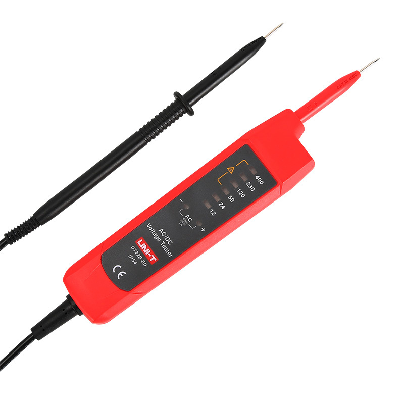 Tester di tensione AC/DC rosso e nero con indicatori LED da 12V a 400V.