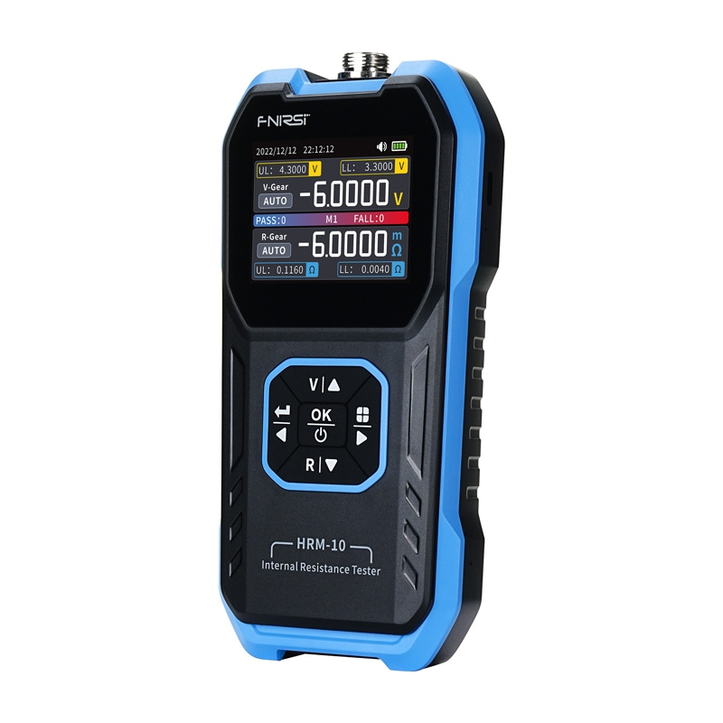 Tester di resistenza interna HRM-10 blu e nero portatile con schermo a colori digitale e pulsanti.