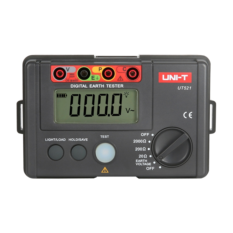 Misuratore di terra digitale UNI-T UT521 con schermo LCD, terminali colorati e selettore rotativo su custodia nera.