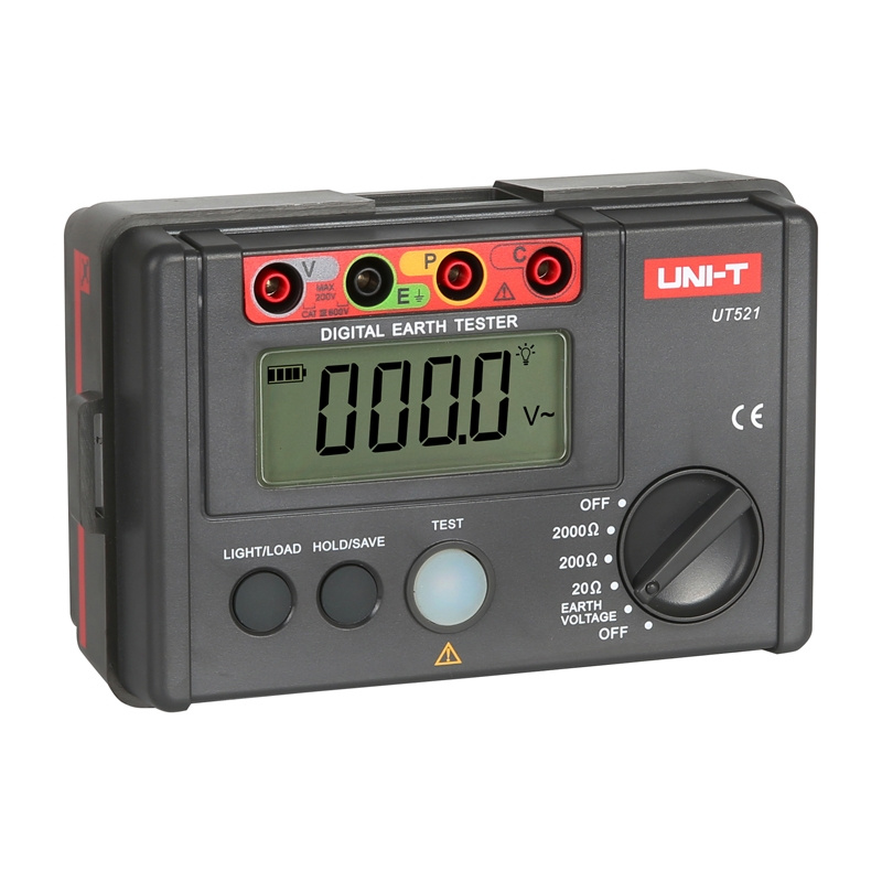 Un misuratore di terra digitale UNI-T UT521 nero con schermo LCD e selettore rotativo.