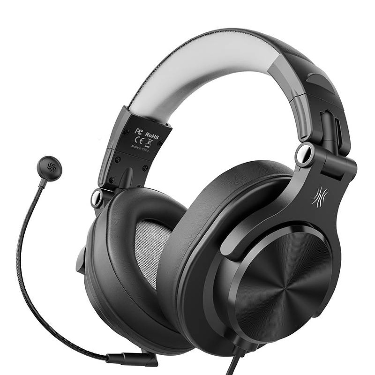 Cuffie over-ear nere con archetto bianco e microfono collegato su sfondo bianco.