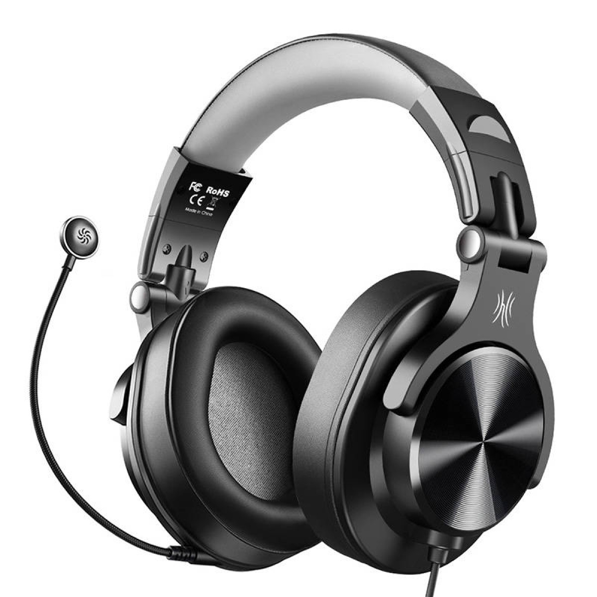 Cuffie over-ear nere con archetto imbottito, padiglioni auricolari rotondi e microfono ad asta collegato.