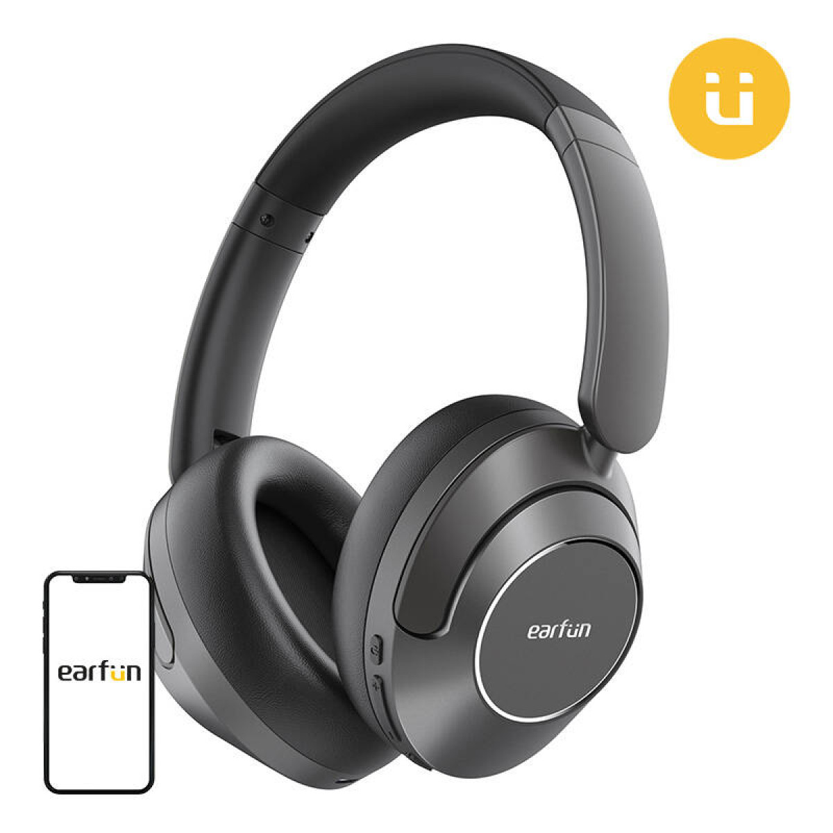 Cuffie over-ear grigio scuro con cuscinetti, logo laterale e uno smartphone nell'angolo in basso a sinistra.