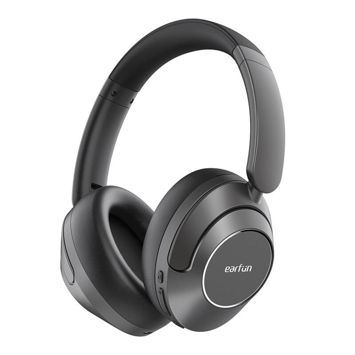 Cuffie over-ear grigio scuro con cuscinetti e logo EarFun sul padiglione sinistro, su sfondo bianco.