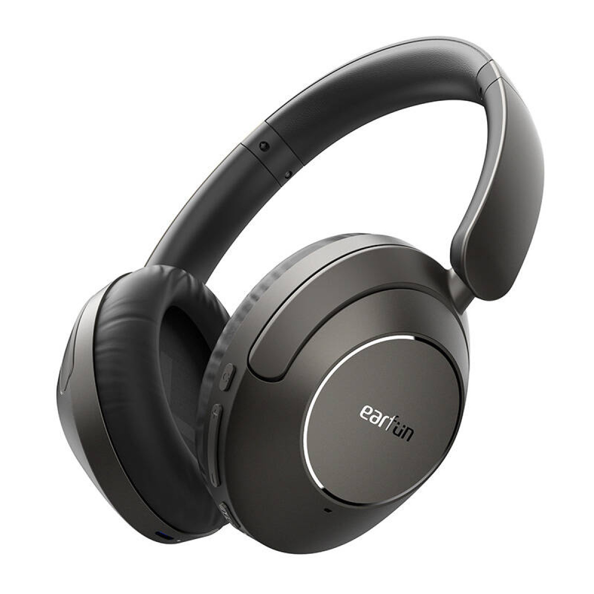 Cuffie over-ear nere EarFun con padiglioni imbottiti su sfondo bianco.