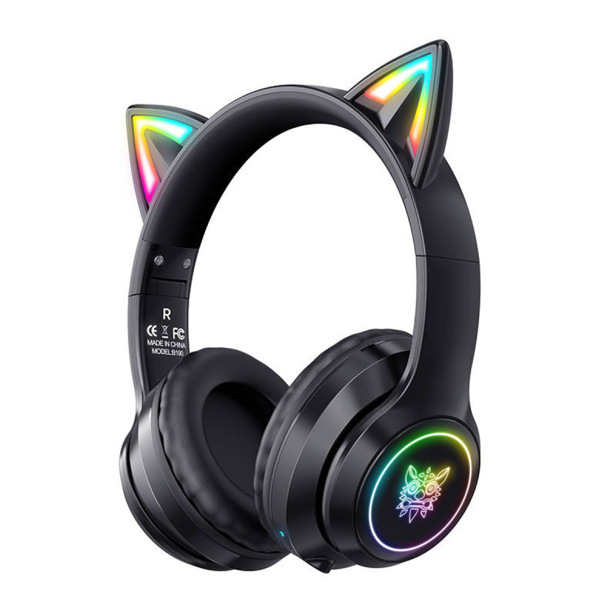 Cuffie over-ear nere con orecchie da gatto luminose e LED colorati sui padiglioni, su sfondo bianco.