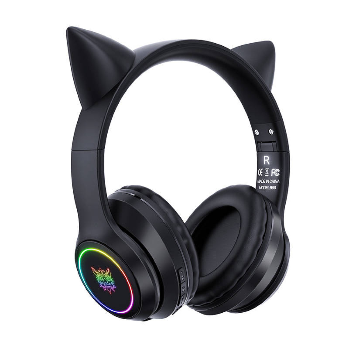 Cuffie wireless nere con orecchie di gatto e anelli LED colorati luminosi sui padiglioni auricolari su sfondo bianco.