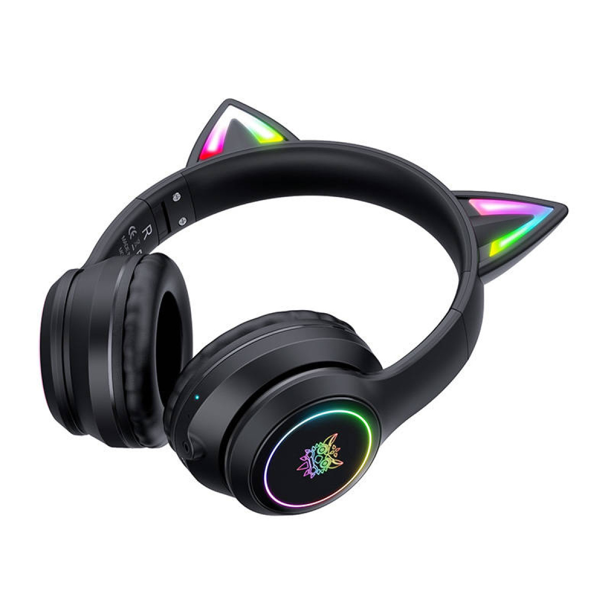 Cuffie wireless nere con orecchie da gatto a LED colorate e padiglioni auricolari illuminati su sfondo bianco.