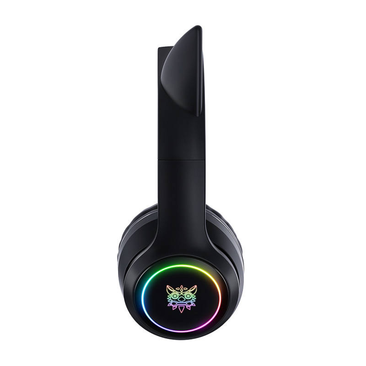 Cuffie da gaming nere con orecchio di gatto sull'archetto e anello RGB illuminato con logo sul padiglione.