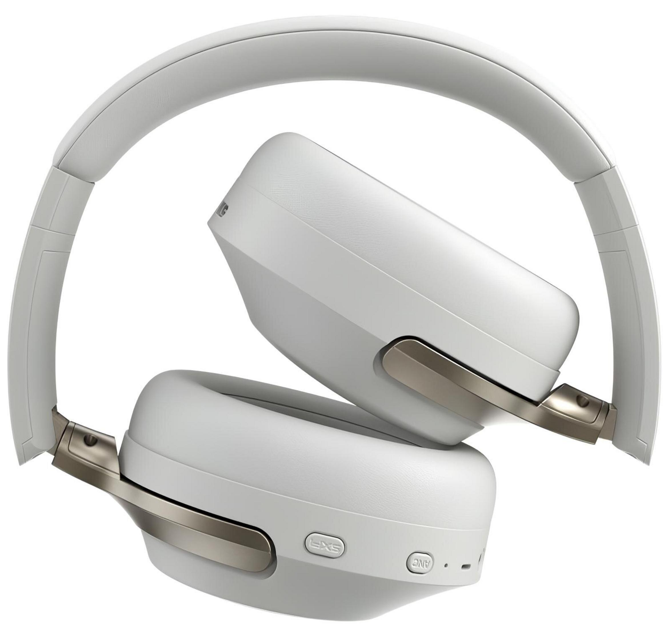 Moderne cuffie over-ear bianche con dettagli argento su sfondo bianco.