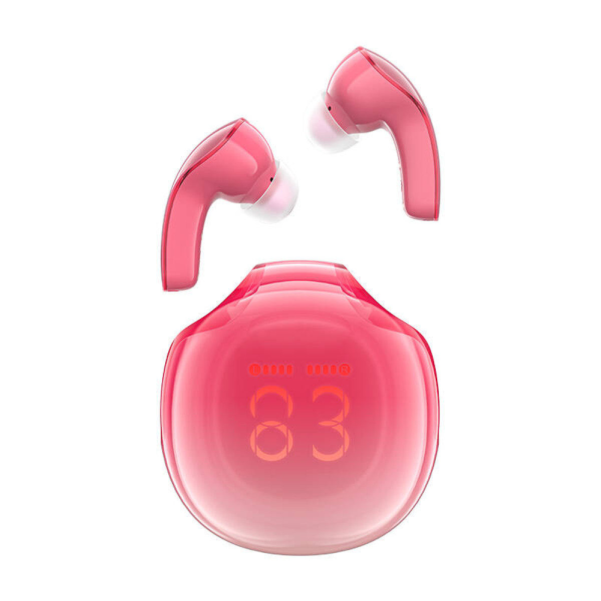 Auricolari wireless rosa lucido con custodia di ricarica e display digitale su sfondo bianco.