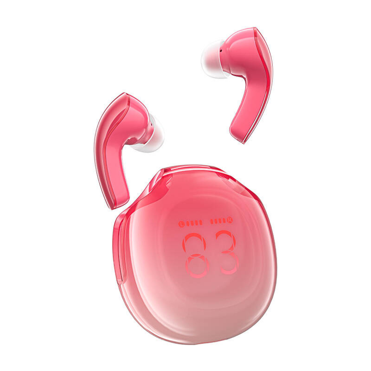 Auricolari wireless rosa lucido con custodia di ricarica e display digitale su sfondo bianco.