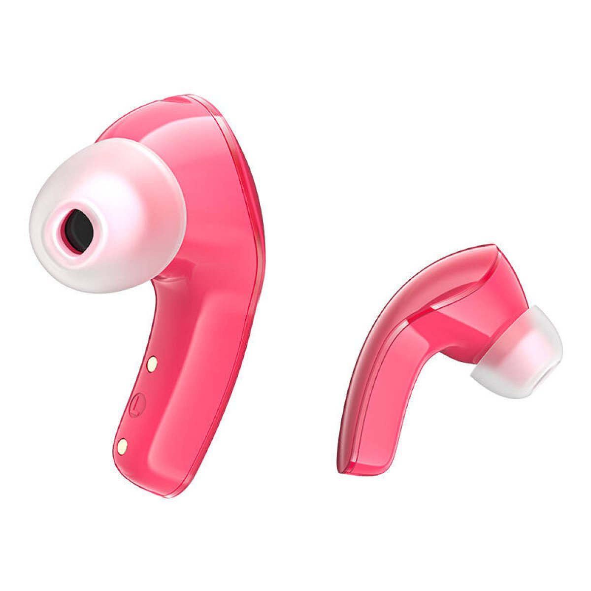 Due auricolari wireless rosa lucido con punte in silicone trasparente su sfondo bianco.
