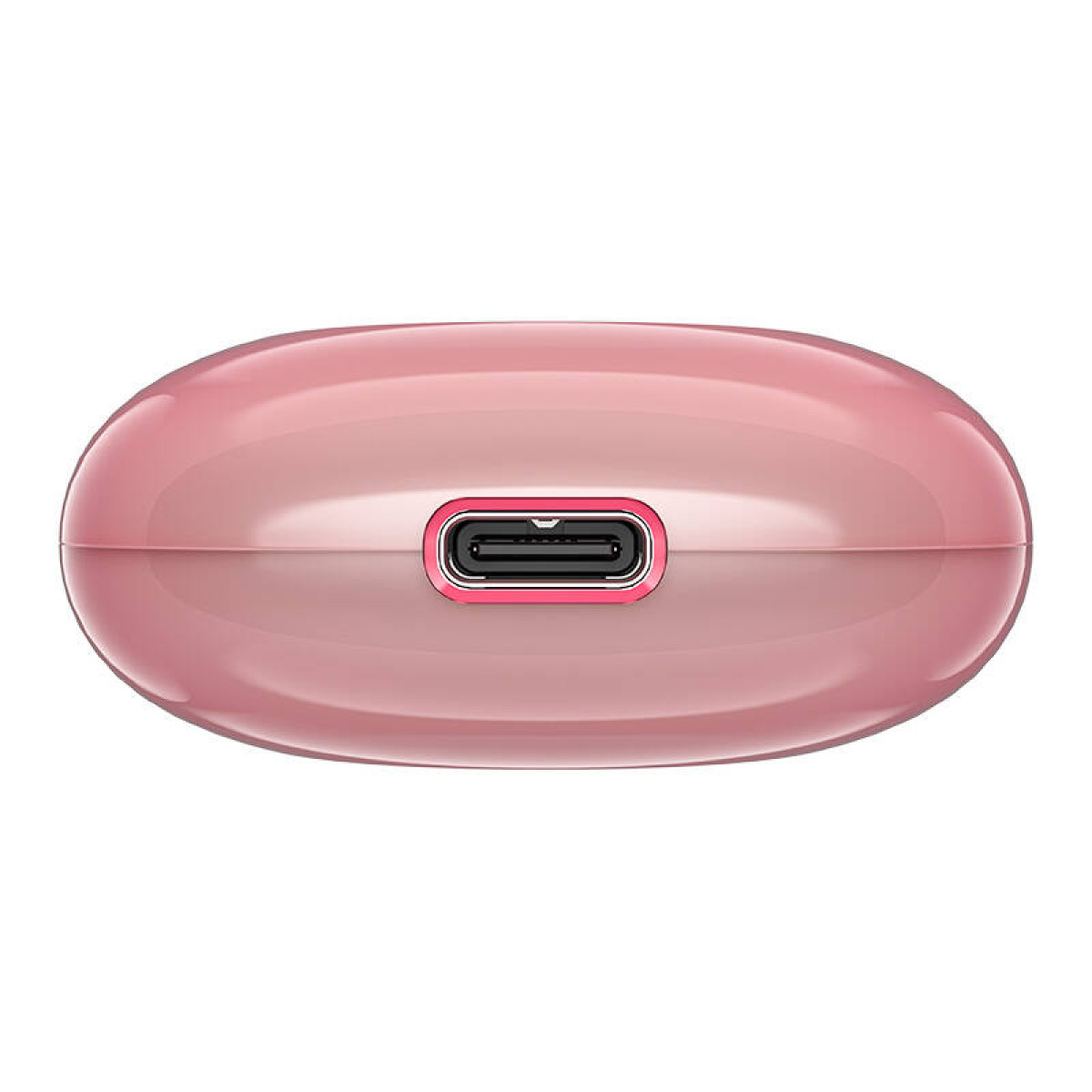 Custodia di ricarica ovale rosa lucida con porta USB-C centrata su sfondo bianco.