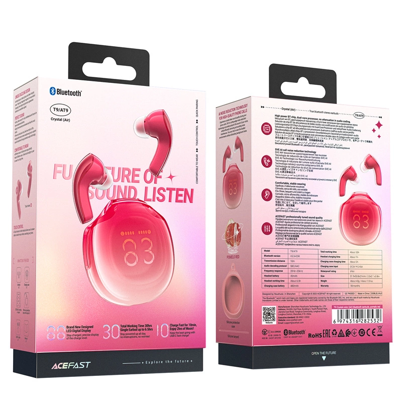 Confezione di auricolari rosa T9 Acefast con custodia di ricarica e specifiche.