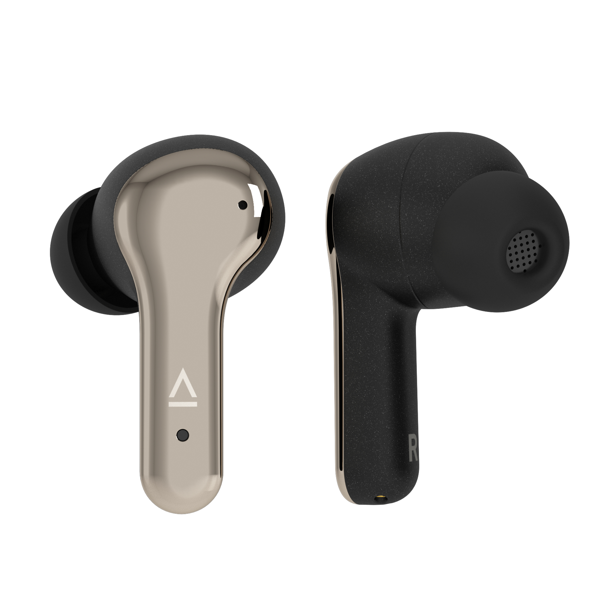 Due auricolari wireless neri e oro su sfondo bianco.