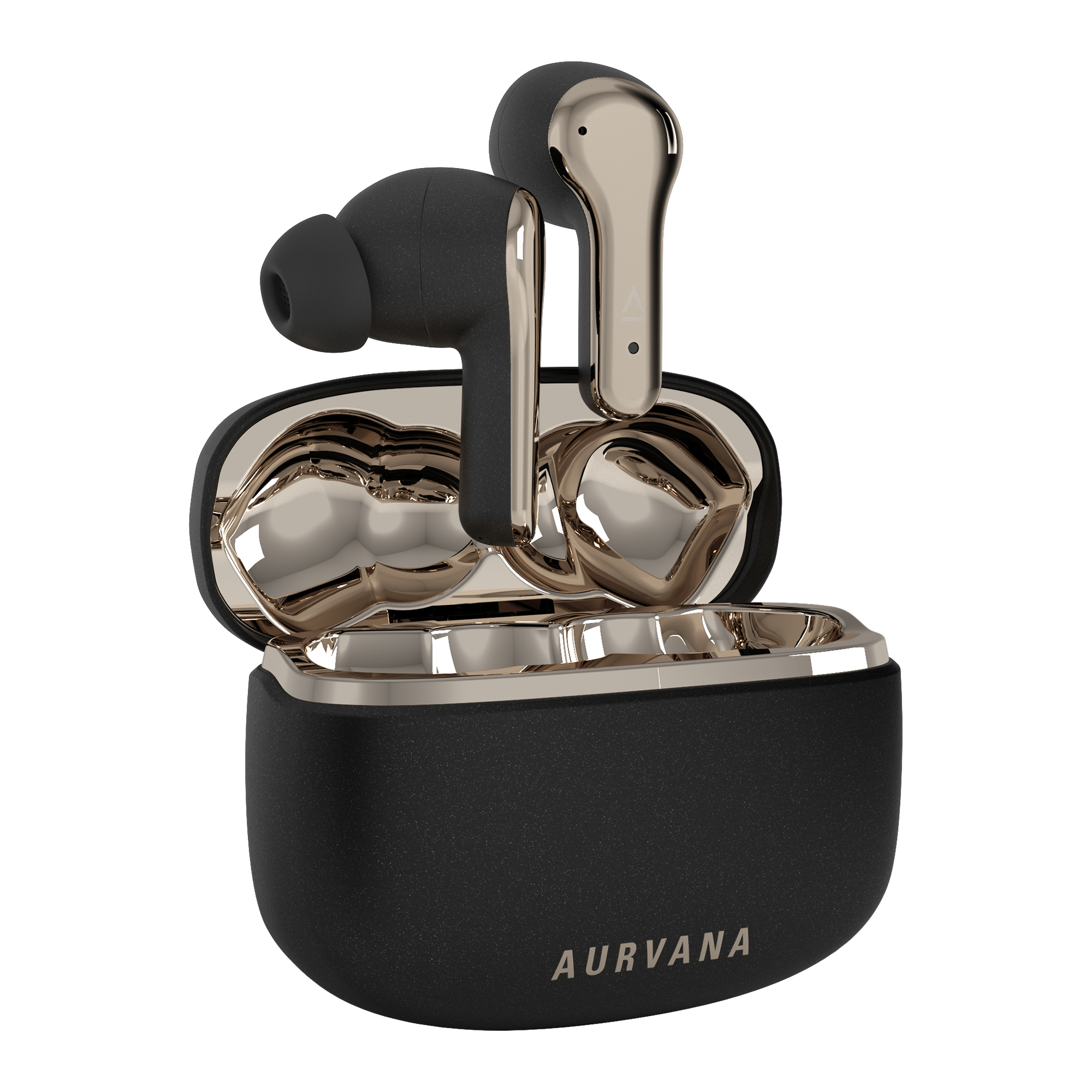Una custodia di ricarica per auricolari wireless nera e oro con due auricolari all'interno.