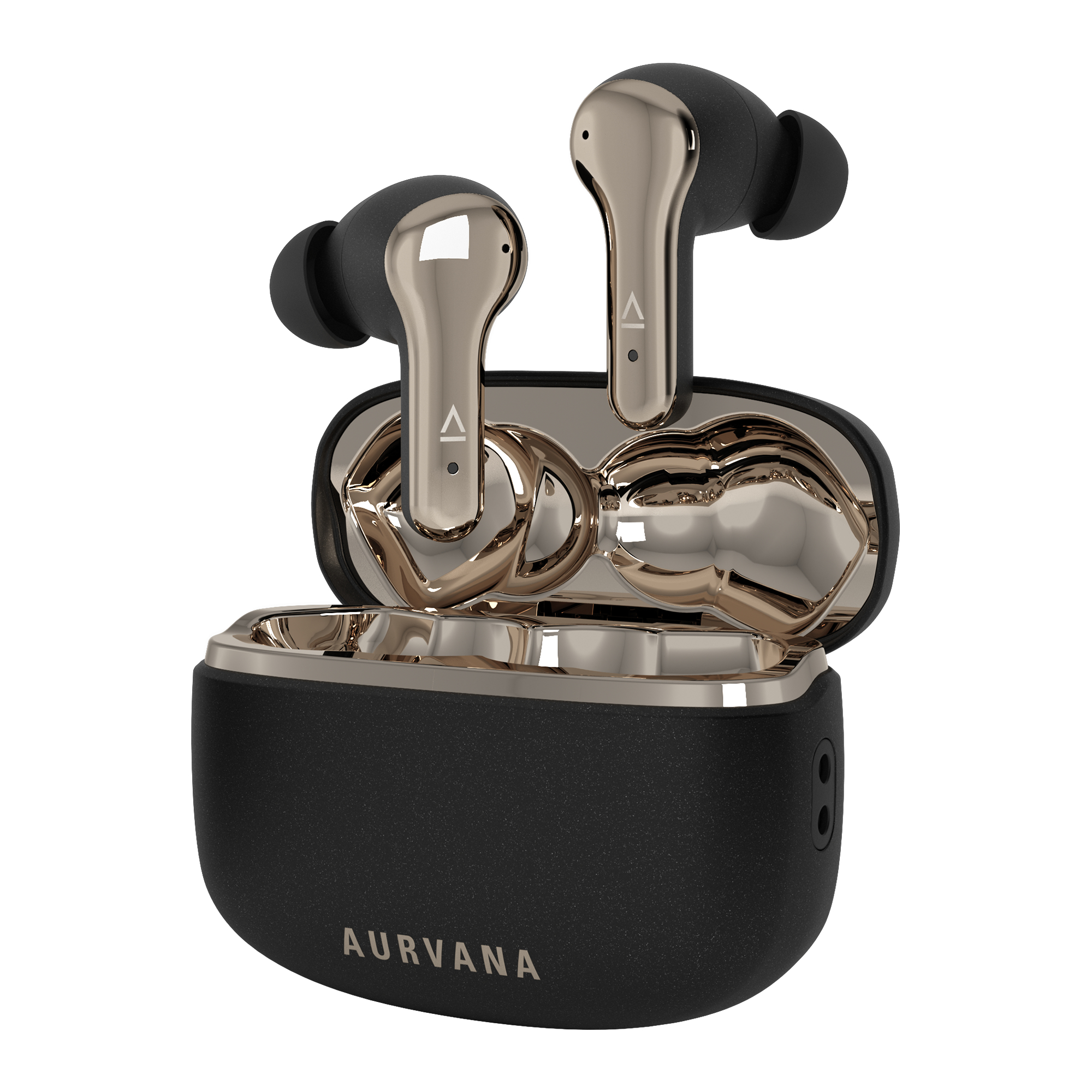 Auricolari wireless neri e dorati in una custodia di ricarica aperta.