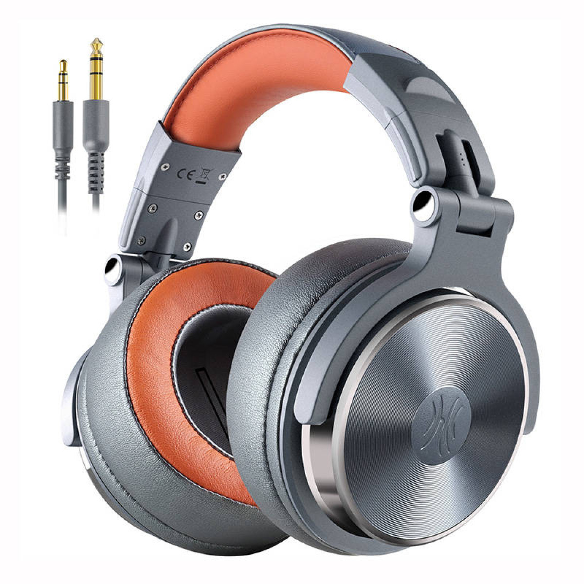 Cuffie over-ear grigie e arancioni con cavi staccabili e jack dorato su sfondo bianco.