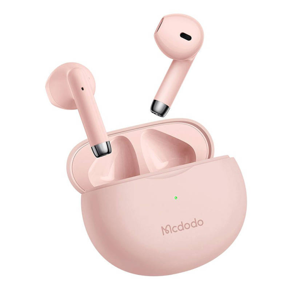 Auricolari wireless rosa con custodia di ricarica e logo Mcdodo su sfondo bianco.