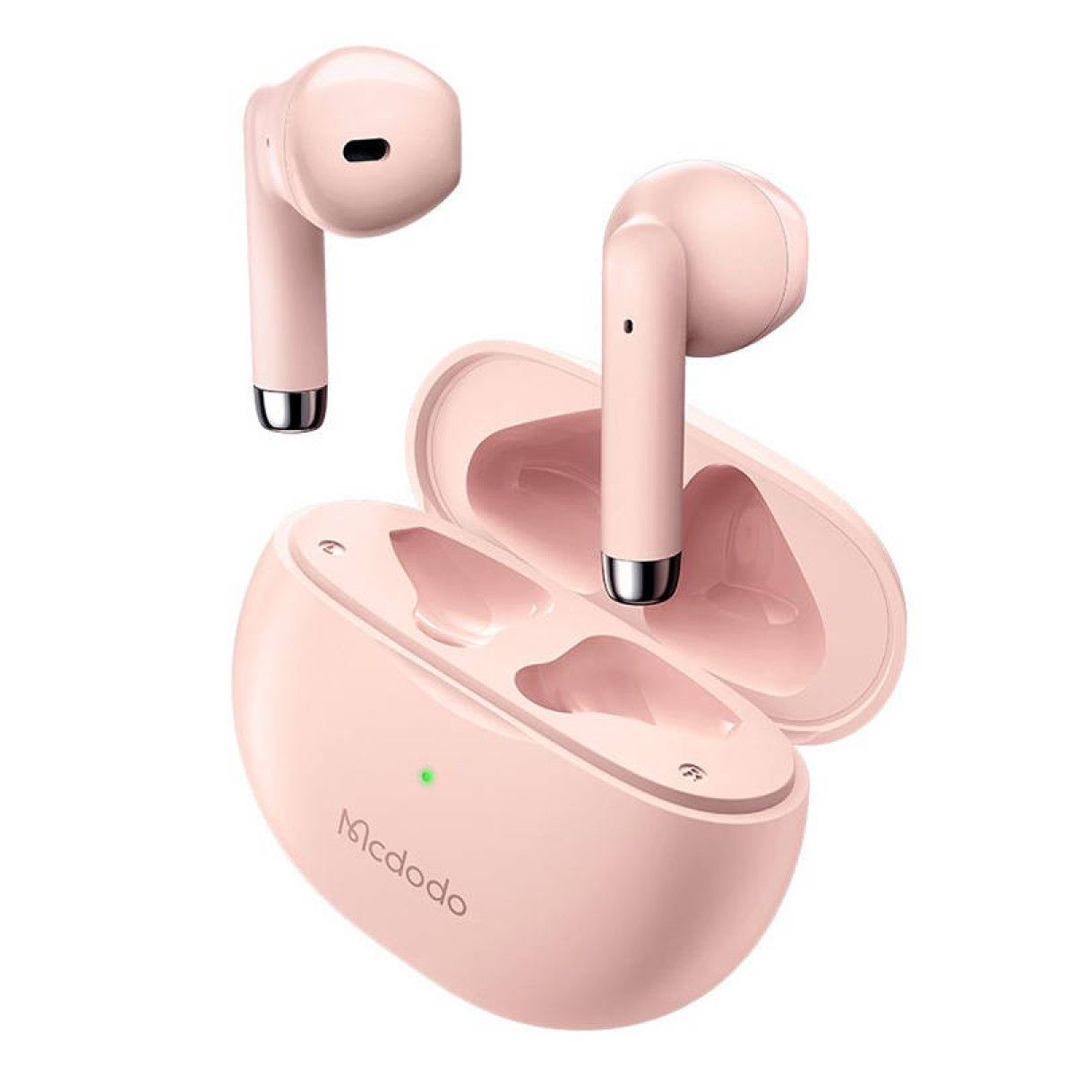 Auricolari wireless e custodia di ricarica Mcdodo rosa su sfondo bianco.