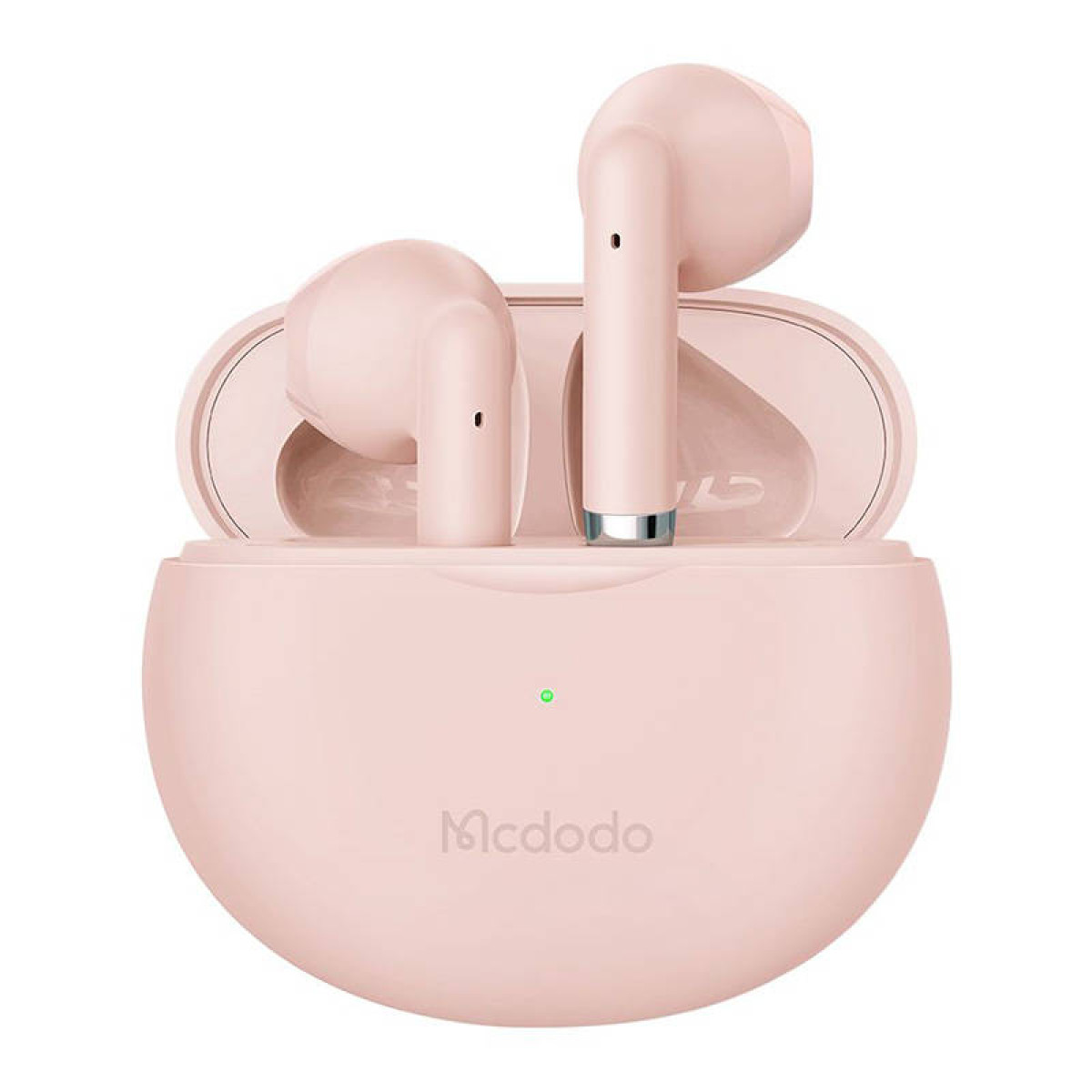 Auricolari in-ear wireless rosa nella custodia di ricarica rotonda con logo Mcdodo.
