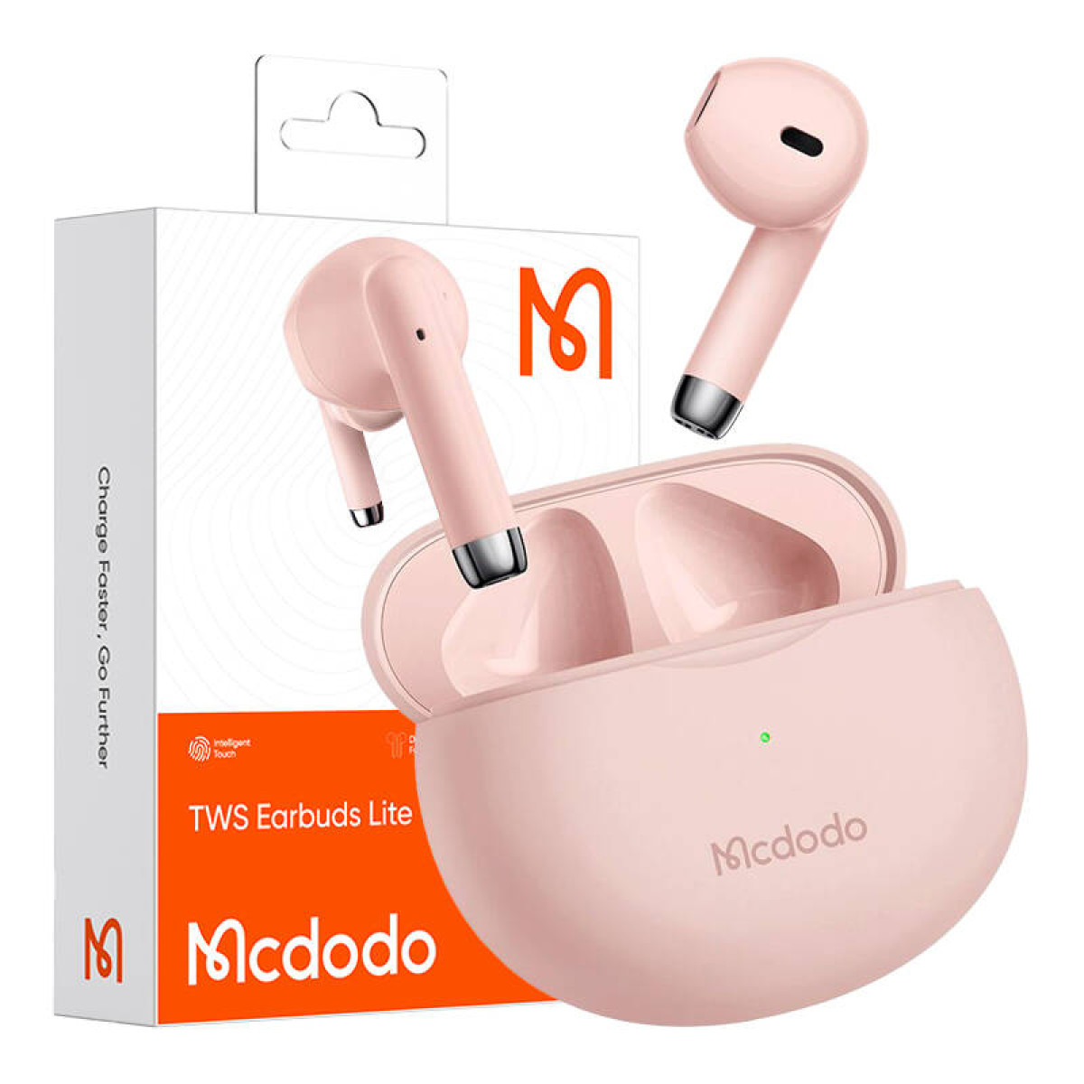 Auricolari wireless Mcdodo TWS Lite rosa con custodia di ricarica e confezione.