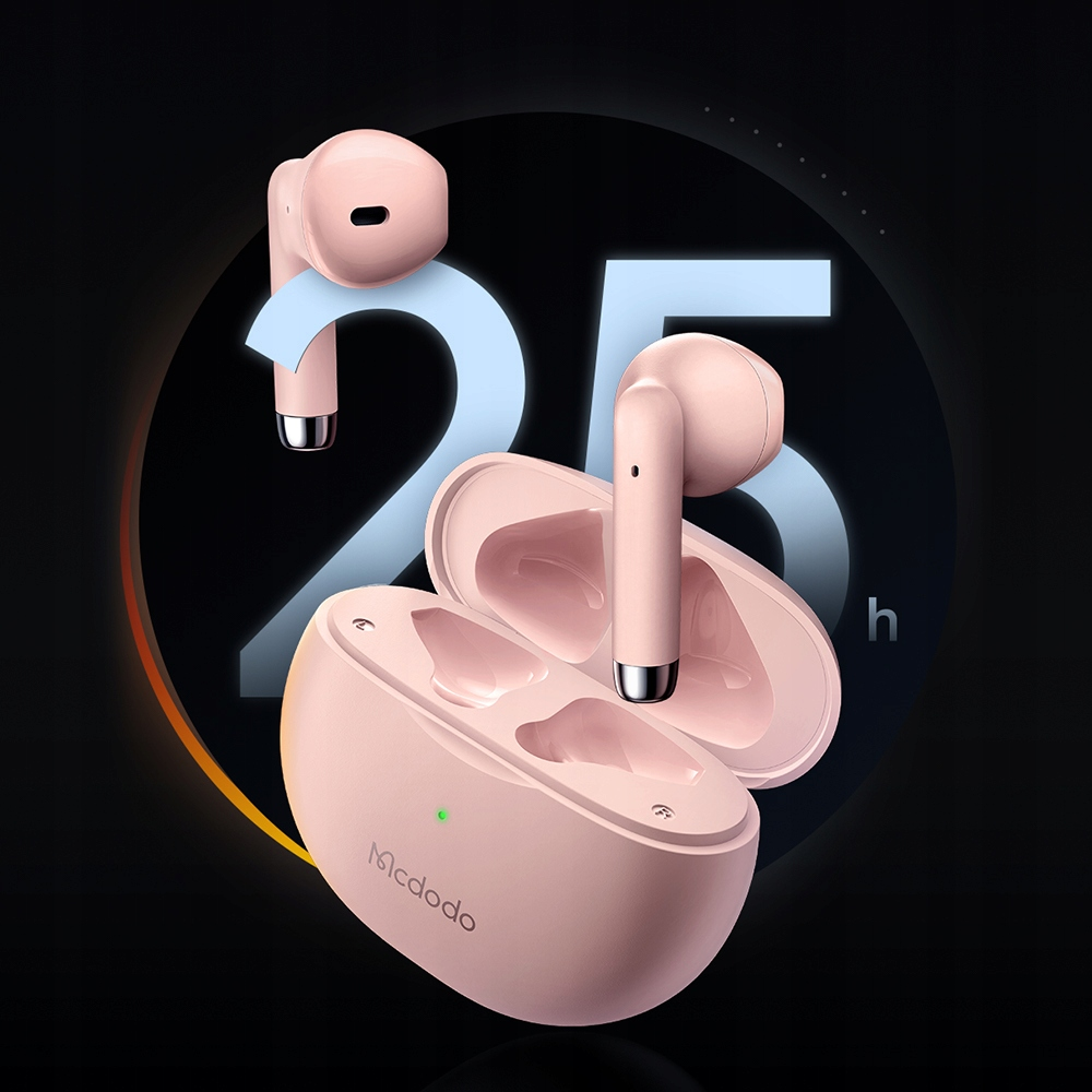 Auricolari wireless Mcdodo rosa con custodia di ricarica su sfondo scuro con la scritta 25h.