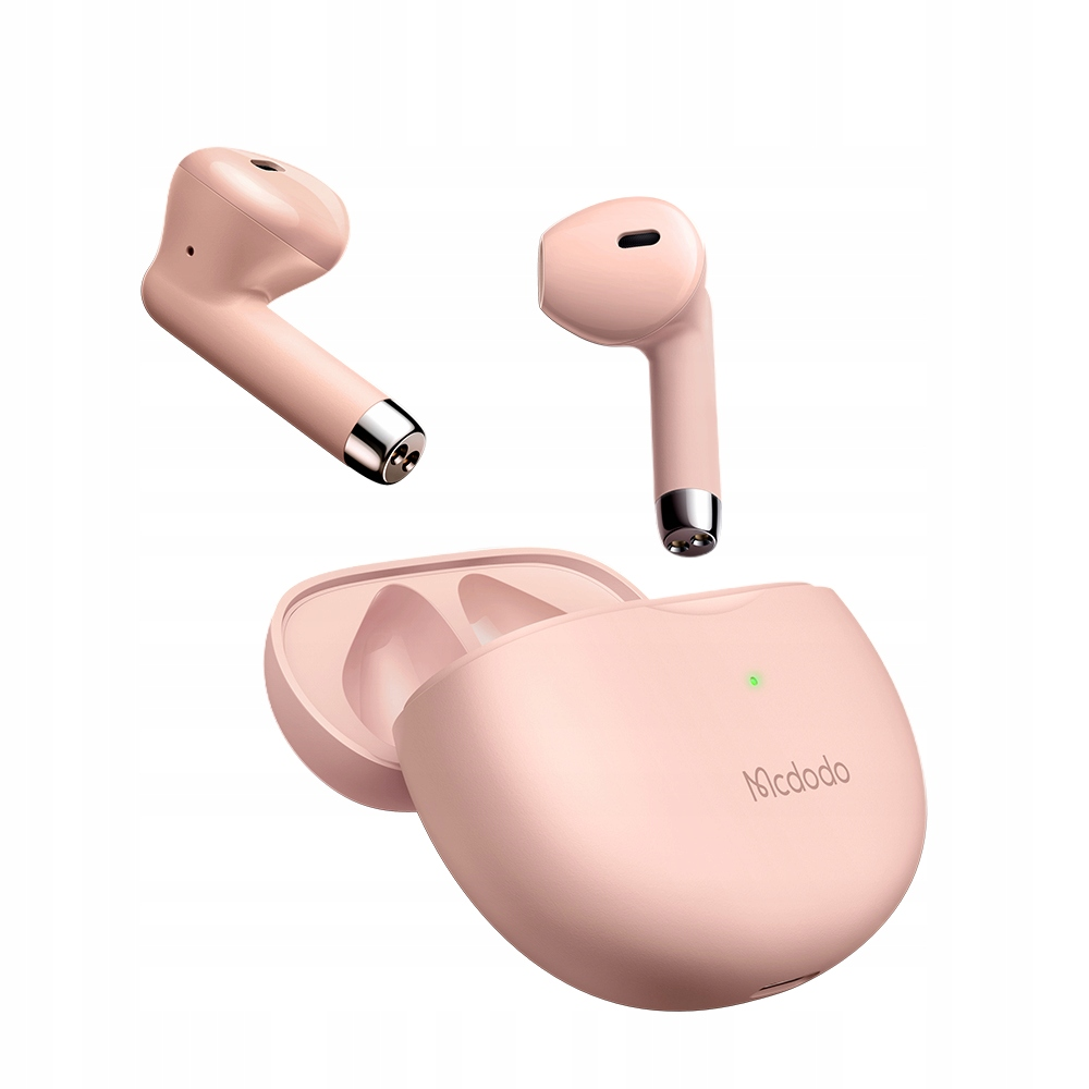 Auricolari wireless rosa con custodia di ricarica su sfondo bianco.