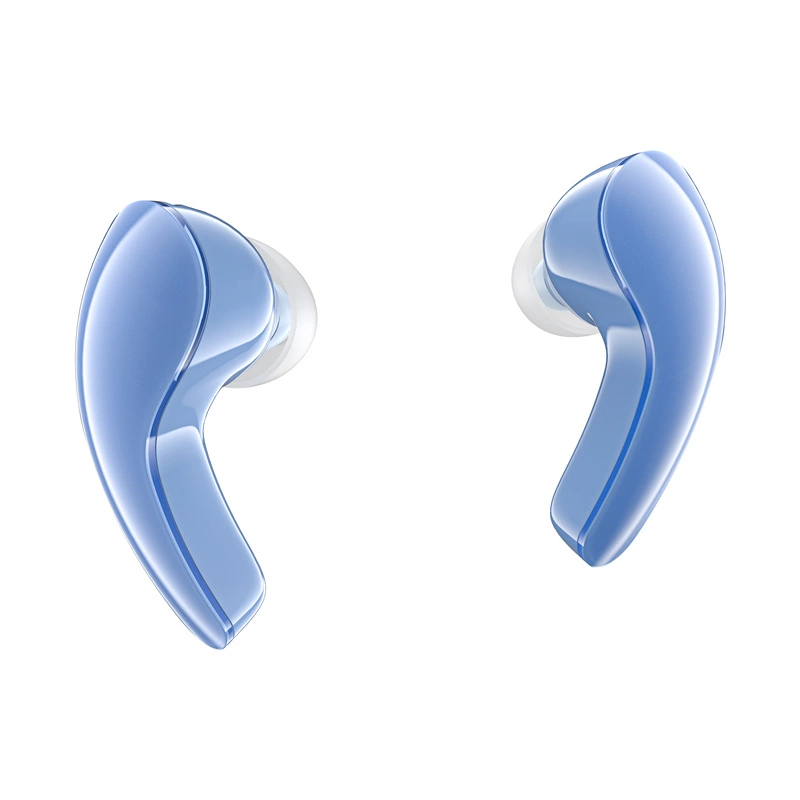 Un paio di auricolari wireless blu lucido con punte in silicone bianco su sfondo bianco.