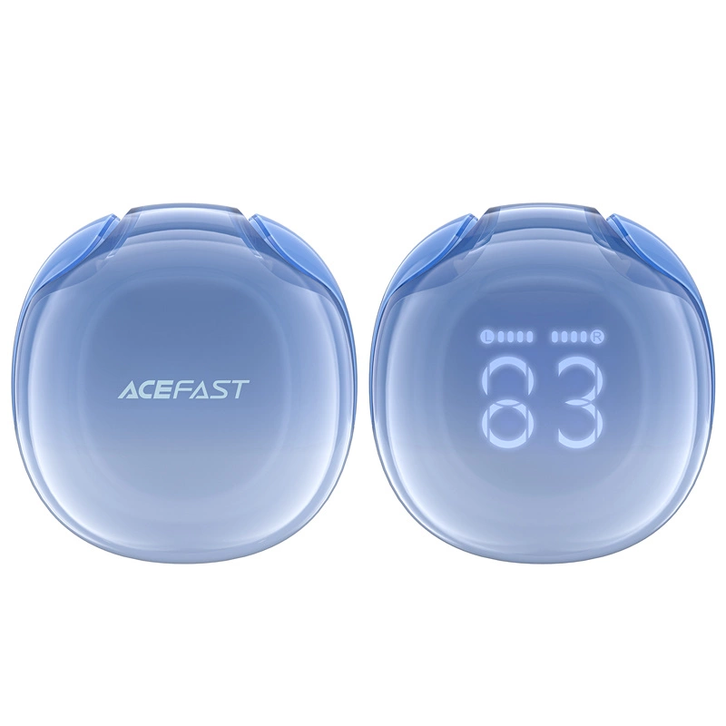 Due custodie di ricarica per auricolari blu traslucide, una con il logo Acefast e l'altra con un display digitale.
