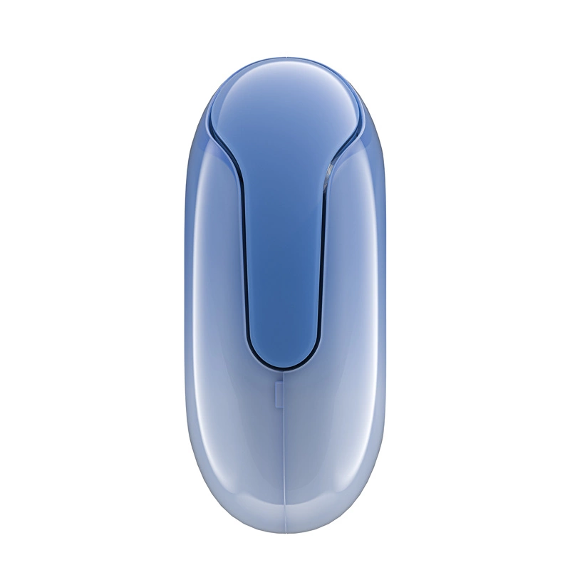 Un dispositivo in plastica blu lucido di forma ovale con una scanalatura centrale e contorni lisci su sfondo bianco.