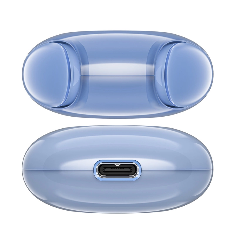 Custodia di ricarica per auricolari blu lucida, vista dall'alto e dal basso con porta USB-C.
